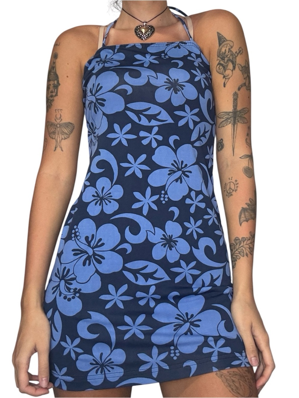 Y2K Blue Floral Halter Mini Dress